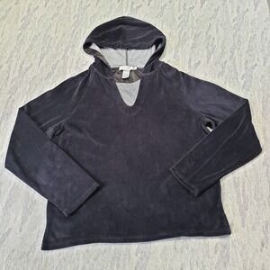 Fresh Produce Sweatshirt Womens Medium Black Velour Pull Over V Neck Hooded